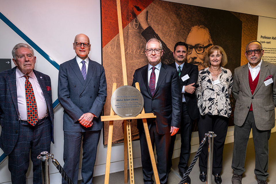 From left to right: Prof. Michael Duff, a PhD student of Salam, Provost Prof. Ian Walmsley FRS, Imperial College London President Prof. Hugh Brady, Abdus Salam's son Umar Salam, Head of Physics Prof. Michele Dougherty, and Salam's son Ahmad Salam. Credit: Thomas Angus / Imperial College London.